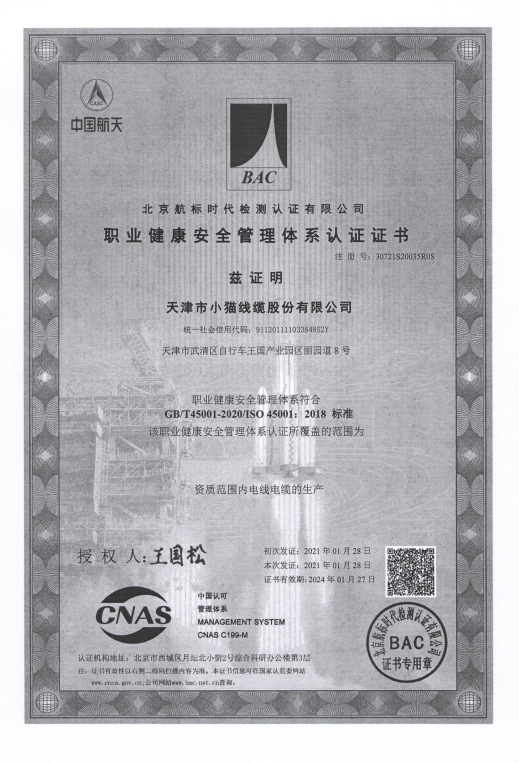 職業(yè)健康安全管理體系認(rèn)證證書(shū)