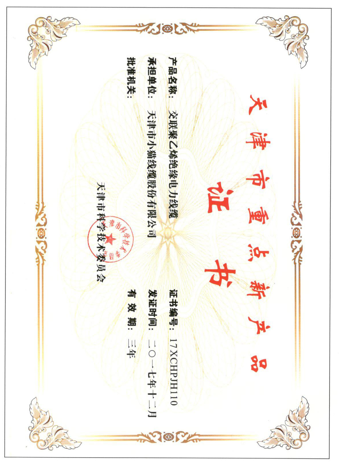 天津市重點(diǎn)新產(chǎn)品證書